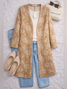 Anthropologie Solitaire Floral Duster Jacket Tan Faux Suede Women’s M NWT